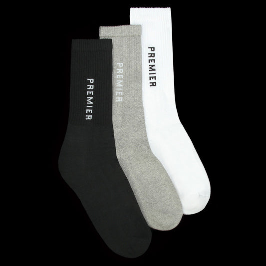 Premier Logo Crew Sock 3 Pack Black, White, and Grey