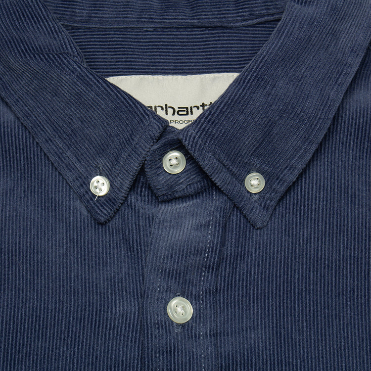 Carhartt WIP | Madison Fine Cord L/S Shirt Style # I030580-1ZV Color : Hudson Blue / Black