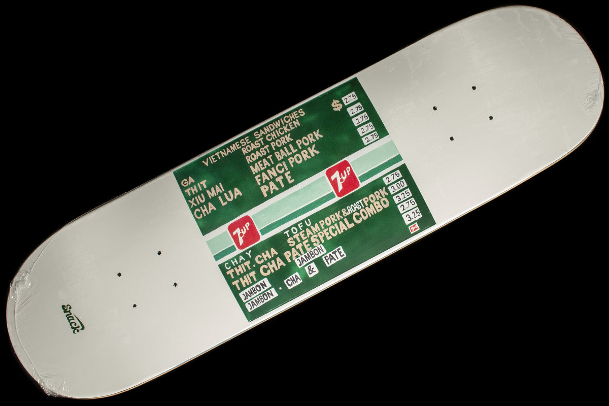 Snack - Saigon Sandwich 2008 Menu Deck
Widths : 8.1" &amp; 8.38"
Wheelbase : 14" (8.1) &amp; 14.25" (8.38)
Length : 31.5" (8.1) &amp; 32" (8.38)
Josh Narvaez pro model