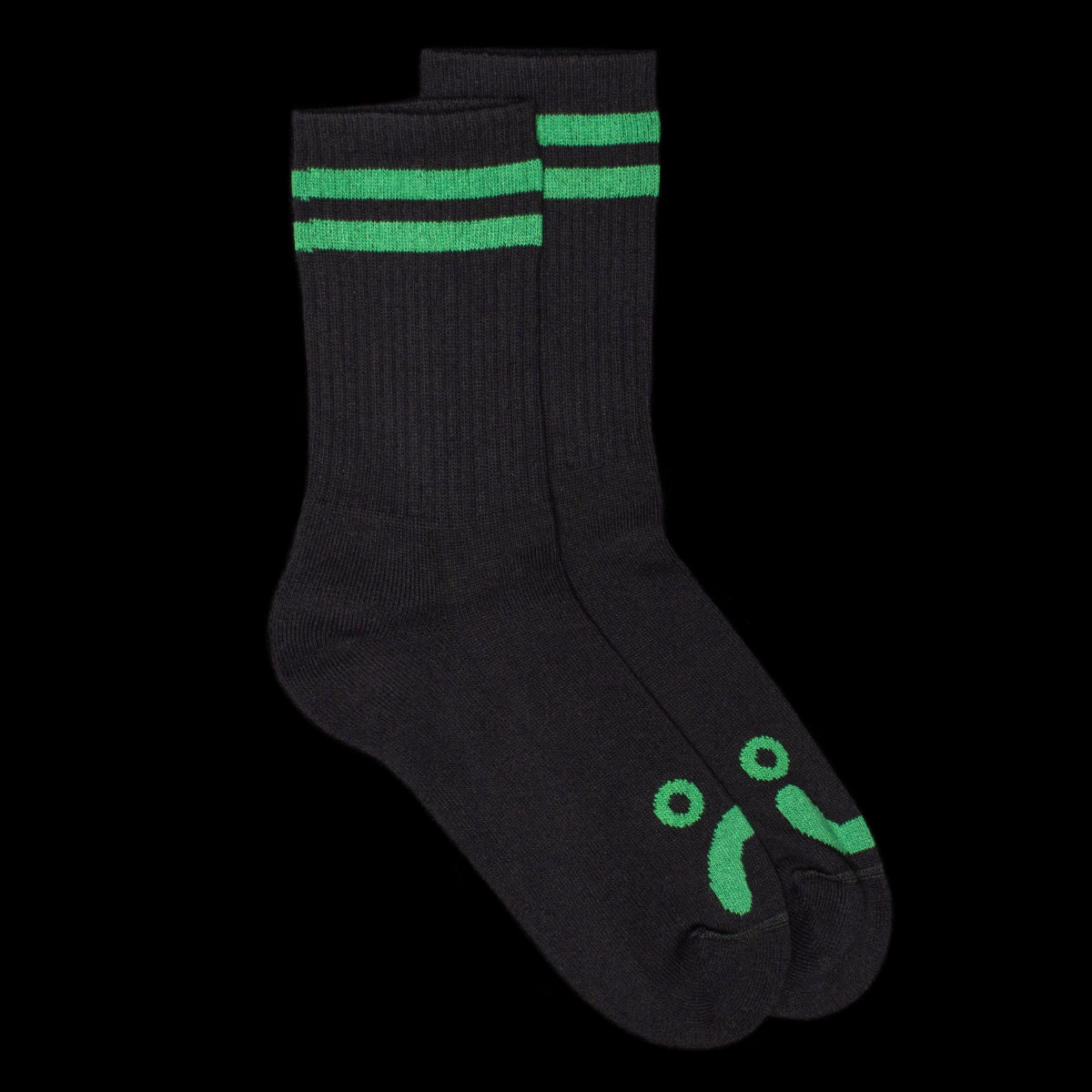 Polar Skate Co. - Happy Sad Socks
Color : Black / Green
Materials&nbsp;: 85% Cotton / 10% Polyester / 5% Spandex
Woven stripes
One size
Made in Poland