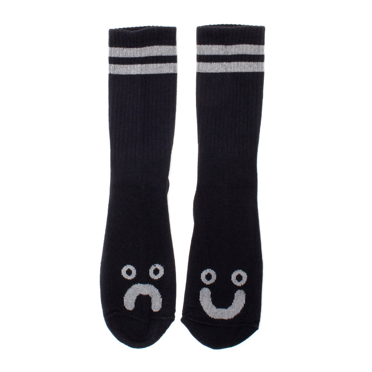 Polar Skate Co. - Happy Sad Socks
Color : Black / Heather Grey
Materials&nbsp;: 85% Cotton / 10% Polyester / 5% Spandex
Woven stripes
One size
Made in Poland