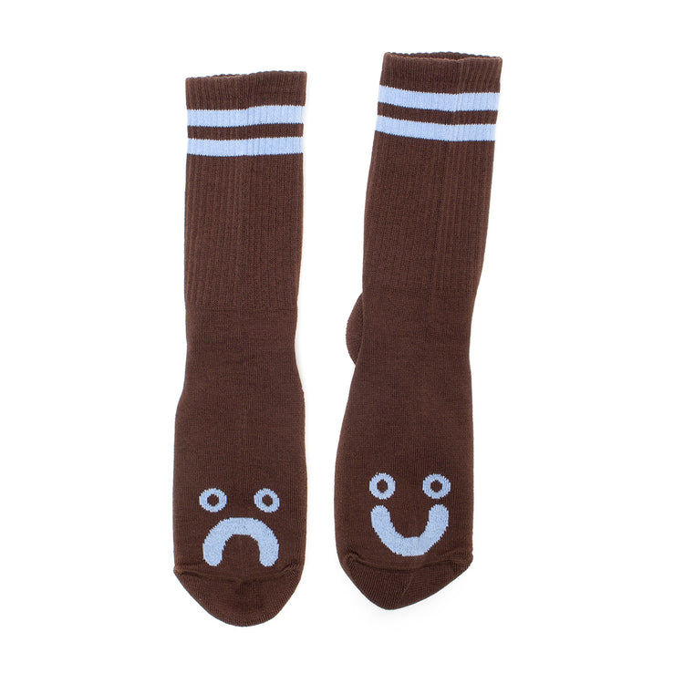 Polar Skate Co. - Happy Sad Socks
Color : Brown / Blue
Materials&nbsp;: 85% Cotton / 10% Polyester / 5% Spandex
Woven stripes
One size
Made in Poland