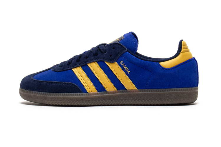 Adidas - Samba ADV
Style # HQ9283
Color : Navy / Yellow / Royal Blue
Materials : Suede Upper - Rubber Outsole
Sizing : US Men's
Cupsole construction
