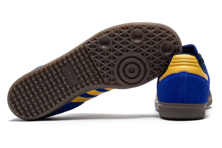 Adidas - Samba ADV
Style # HQ9283
Color : Navy / Yellow / Royal Blue
Materials : Suede Upper - Rubber Outsole
Sizing : US Men's
Cupsole construction