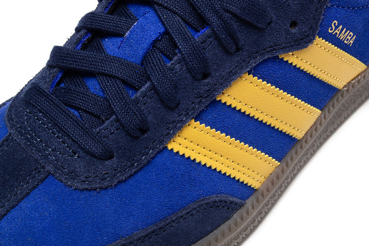 Adidas - Samba ADV
Style # HQ9283
Color : Navy / Yellow / Royal Blue
Materials : Suede Upper - Rubber Outsole
Sizing : US Men's
Cupsole construction