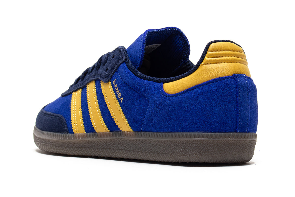 Adidas - Samba ADV
Style # HQ9283
Color : Navy / Yellow / Royal Blue
Materials : Suede Upper - Rubber Outsole
Sizing : US Men's
Cupsole construction