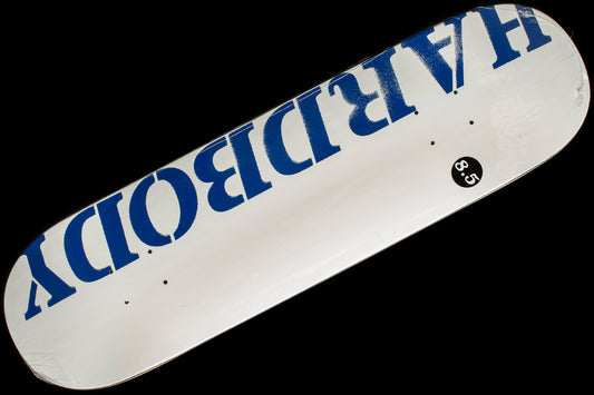 Hardbody - Stencil Logo Deck

Color : White / Blue
Width : 7.77", 8" &amp; 8.5"
Wheelbase : 14.00" (7.7) - 14.00" (8) - 14.25" (8.5)
Length : 31.143" (7.7) - 31.25" (8") - 32.00" (8.5)
Manufactured by BBS
Grip Tape not included, search grip to see options

Top ply color may vary