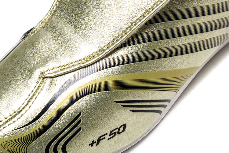 Adidas - Women's Taekwondo F50
Style # IH1872
Color : Gold Metallic / Core Black / Off White
Materials : Leather Upper - Rubber Outsole
Sizing : US Women's