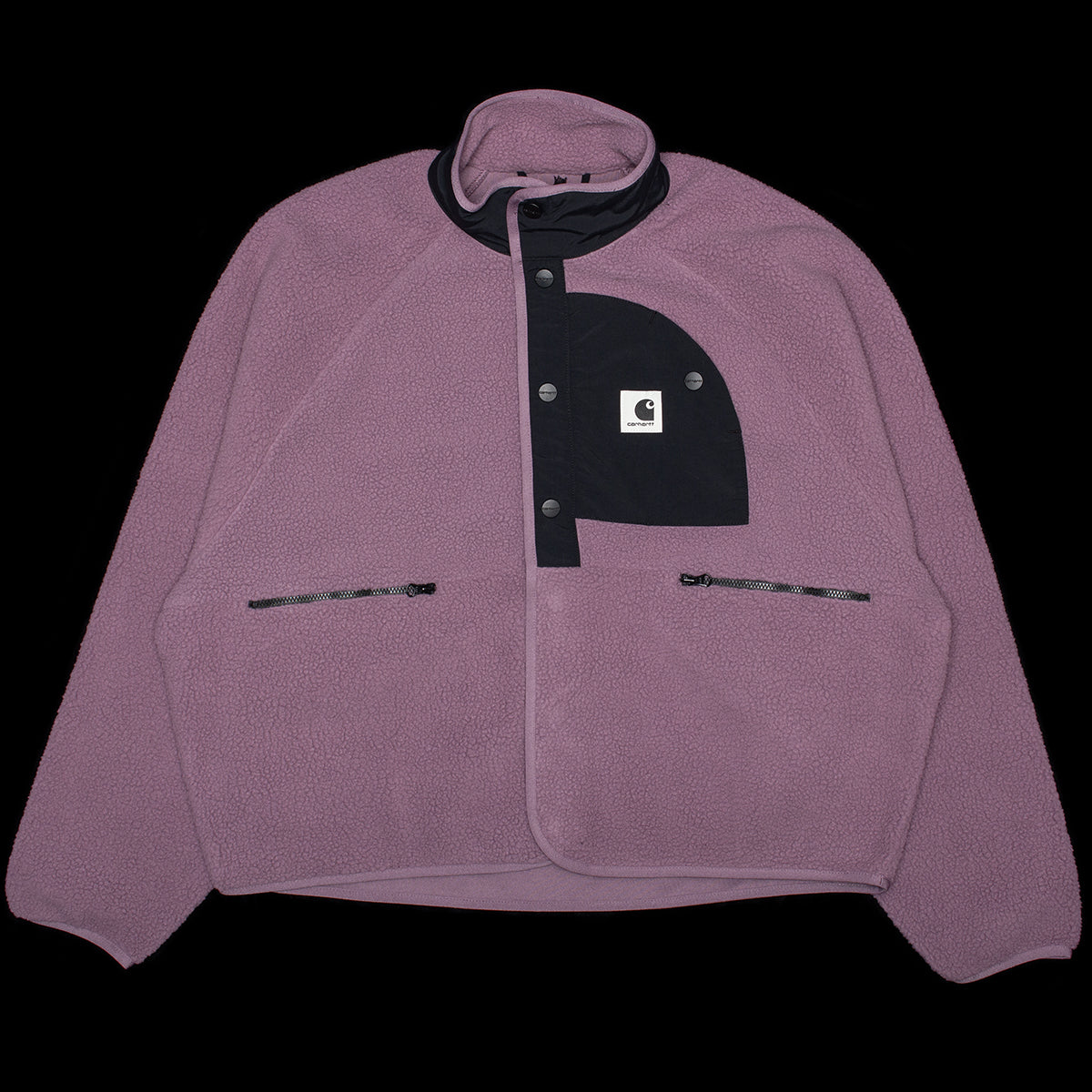 Carhartt WIP - Women's Flynn Fleece Jacket
Style # I035460-3DT
Color : Phlox / Black
Materials : 100% Midweight Polyester Pile - 10 oz
Contrasting nylon details
Chest pocket with hidden snap button
Front pockets with zip opening
Front snap button closure
High neck
Boxy fit