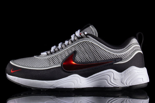 Nike | Air Zoom Spiridon SP
Style # HF9117-001
Color : Metallic Silver / Sport Red / Black / White