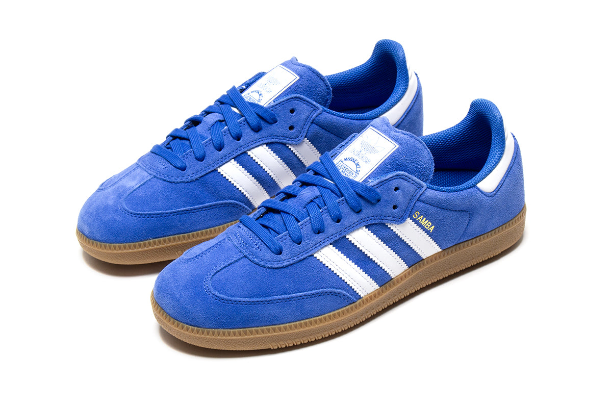 Adidas | Samba ADV
Style # JP5719
Color : Blue Bird / Cloud White / Gold Metallic