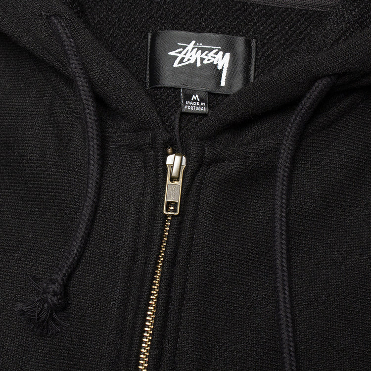 Stussy - Brass Zip Knit Hood
Style # 118593
Color : Black
Materials : 100% Cotton
Ribbed cuffs and hem
Front zip closure
Kangaroo pocket
Drawstring hood