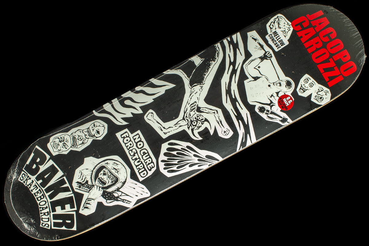 Baker - Divine Evil Deck
Width : 8.25"
Wheelbase : 14.25"
Length : 31.75"
Classic shape
Mellow concave
Jacopo Carozzi pro model