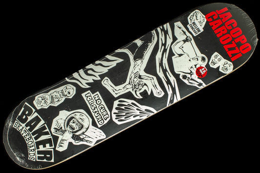 Baker - Divine Evil Deck
Width : 8.25"
Wheelbase : 14.25"
Length : 31.75"
Classic shape
Mellow concave
Jacopo Carozzi pro model