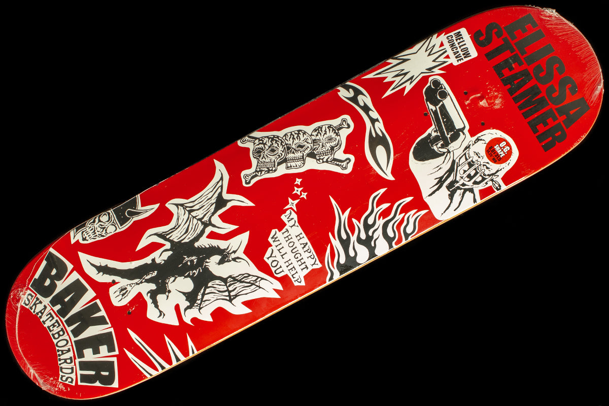 Baker - Divine Evil Deck
Width : 8.00"
Wheelbase : 14.25"
Length : 31.50"
Classic shape
Mellow concave
Elissa Steamer pro model
