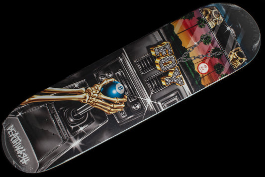 Deathwish - Samborghini Shifter Deck
Width : 8.00"
Wheelbase : 14.25"
Length : 31.50"
Deep concave
Jamie Foy pro model
Art by Sam Bledsoe