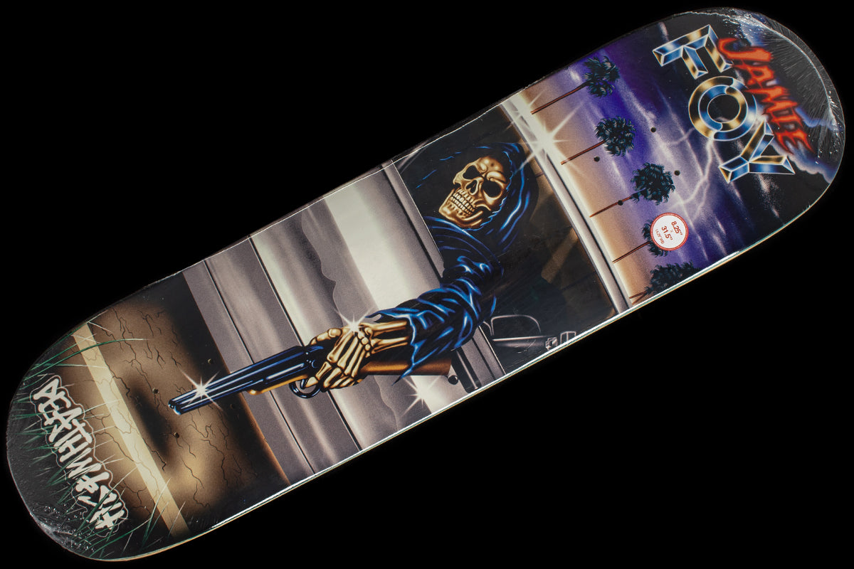 Deathwish - Samborghini Reaper Deck
Width : 8.25"
Wheelbase : 14.25"
Length : 31.50"
Deep concave
Jamie Foy pro model
Art by Sam Bledsoe