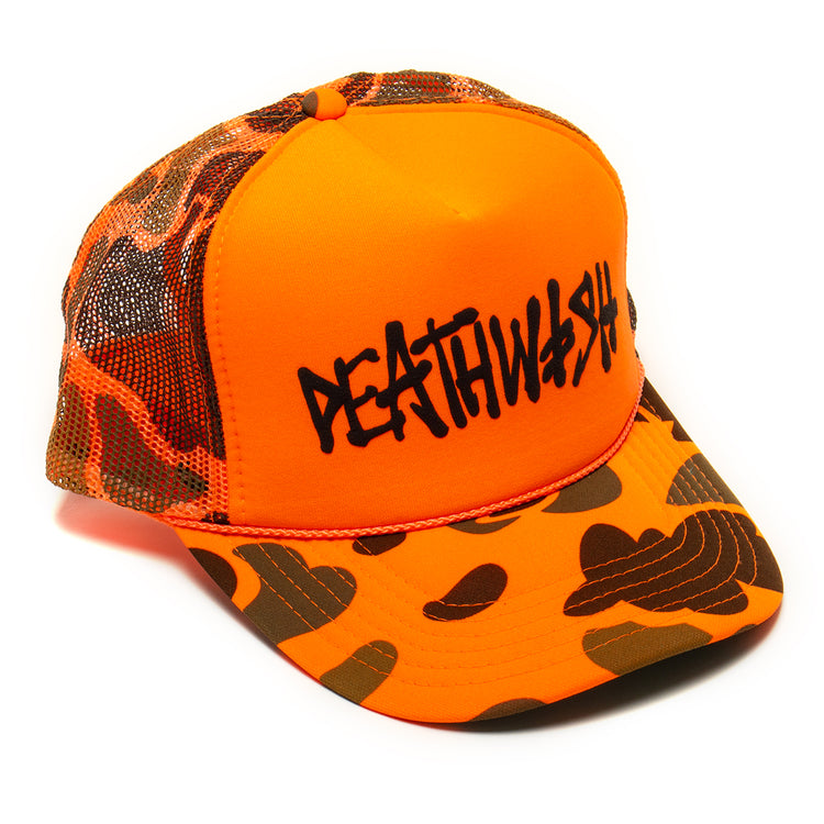 Deathwish - OG Deathspray Trucker Hat
Color : Orange Camo