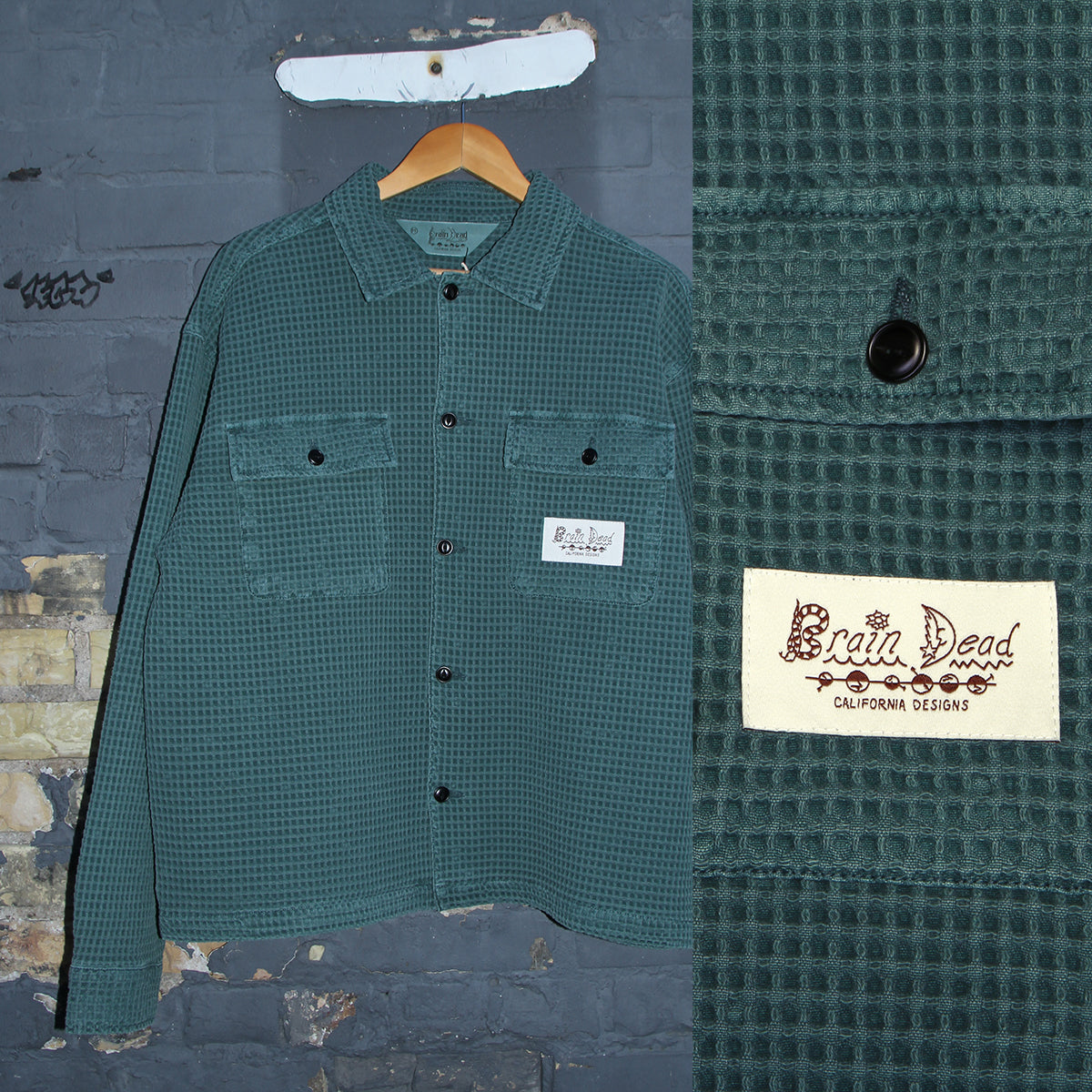 Brain Dead - Waffle Button Front Shirt
Color : Silver Pine
