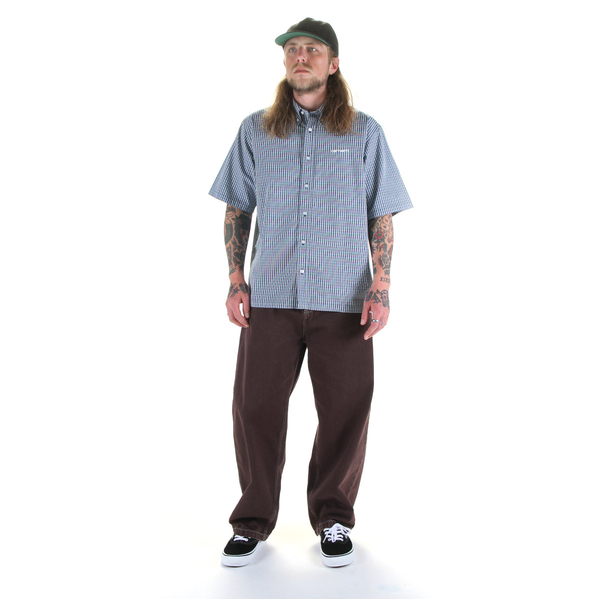 Carhartt WIP - Groff Shirt
Style # I036191-3Q4
Color : Groff Check / Blue River

Carhartt WIP - Brandon Pant
Style # I034809-3IS
Color : Shale (Stone Dyed)