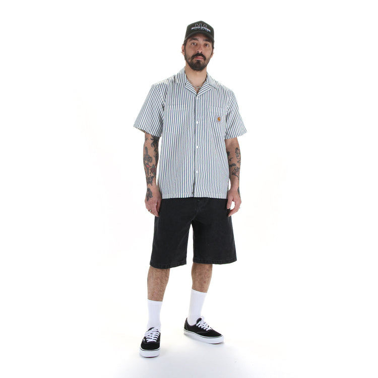 Carhartt WIP - Leavel Shirt
Style # I036203-3K5
Color : Leavel Stripe / Blue River / Wax

Carhartt WIP - Landon Short
Style # I030469_89_06
Color : Black Stone Washed