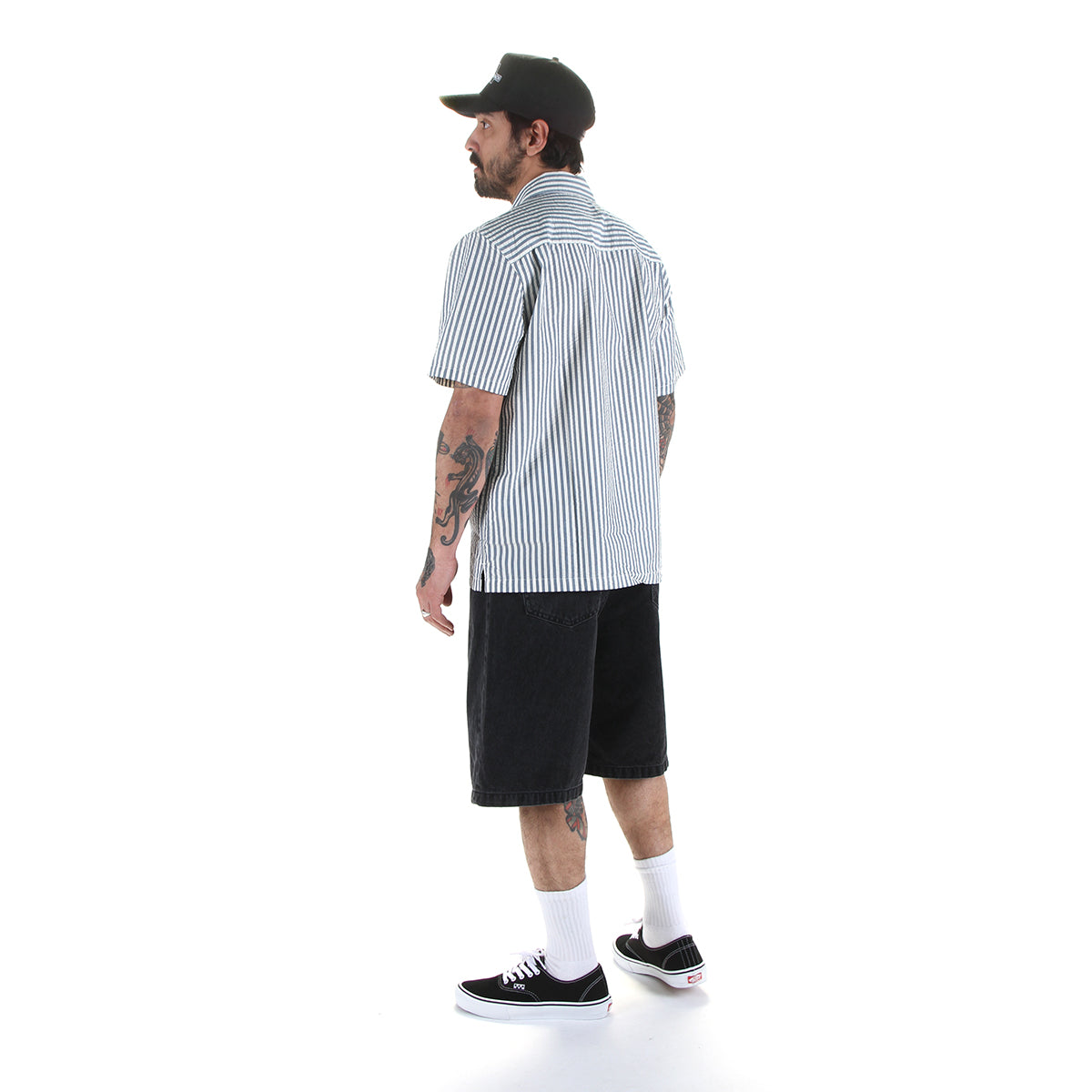 Carhartt WIP - Leavel Shirt
Style # I036203-3K5
Color : Leavel Stripe / Blue River / Wax

Carhartt WIP - Landon Short
Style # I030469_89_06
Color : Black Stone Washed