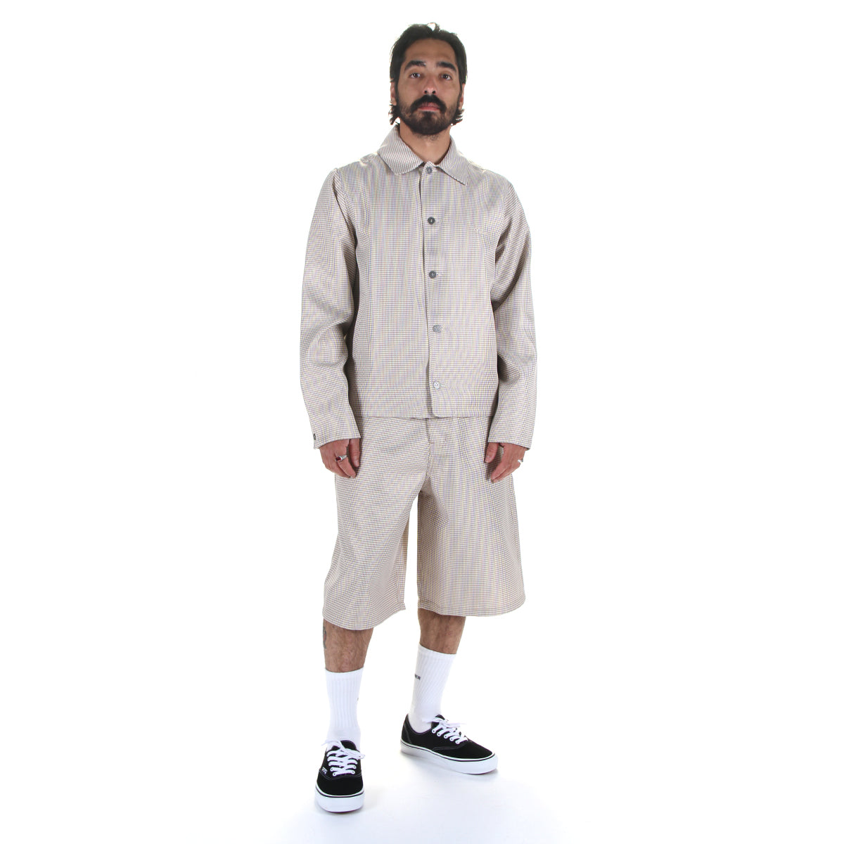 Dime - Houndstooth Jacket
Color : Beige

Dime - Baggy Houndstooth Shorts
Color : Beige