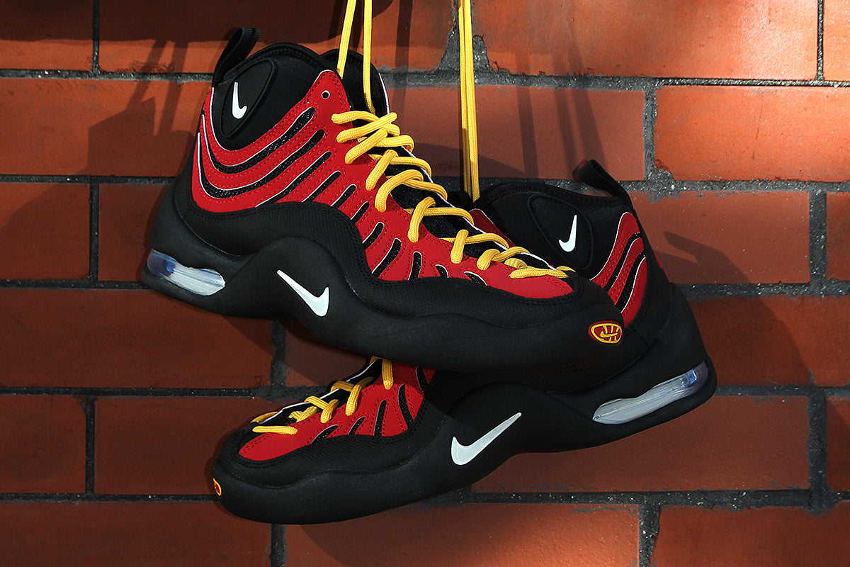 Nike - Air Bakin High SP
Style # IQ5365-600
Color : Varsity Red / White / Varsity Maize / Black