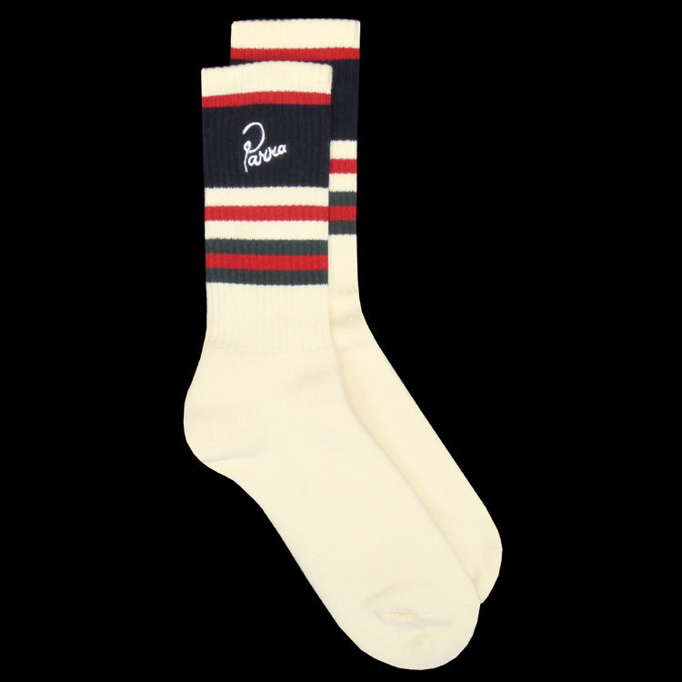 by Parra - Signature Striped Crew Socks
Style # 55470
Color : Off-White / Navy / Red