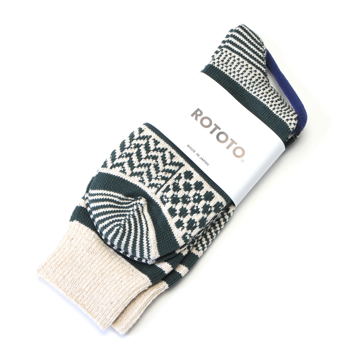 Rototo - Multi Jacquard Crew Sock
Style # R1337
Color : Ivory / Dark Green