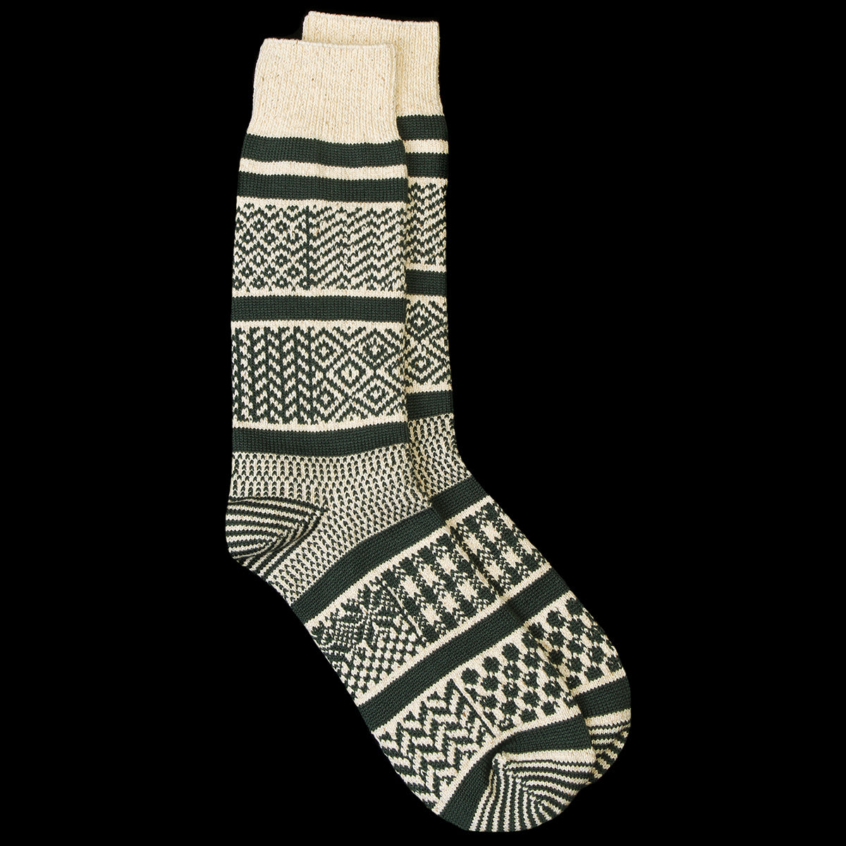 Rototo - Multi Jacquard Crew Sock
Style # R1337
Color : Ivory / Dark Green