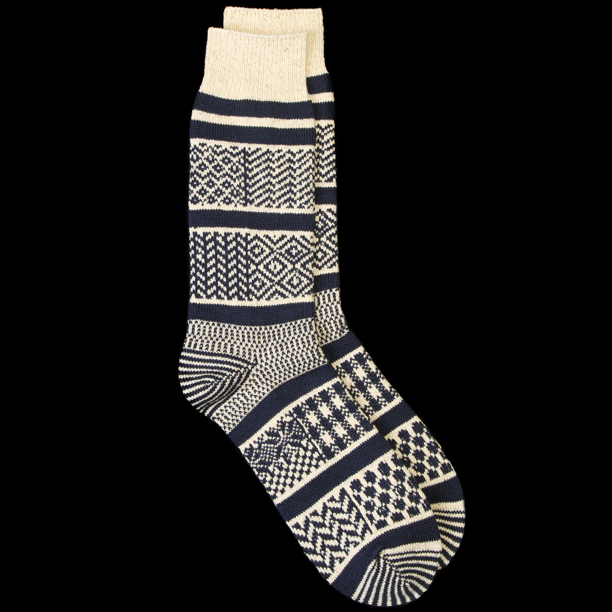 Rototo - Multi Jacquard Crew Sock
Style # R1337
Color : Ivory / Navy