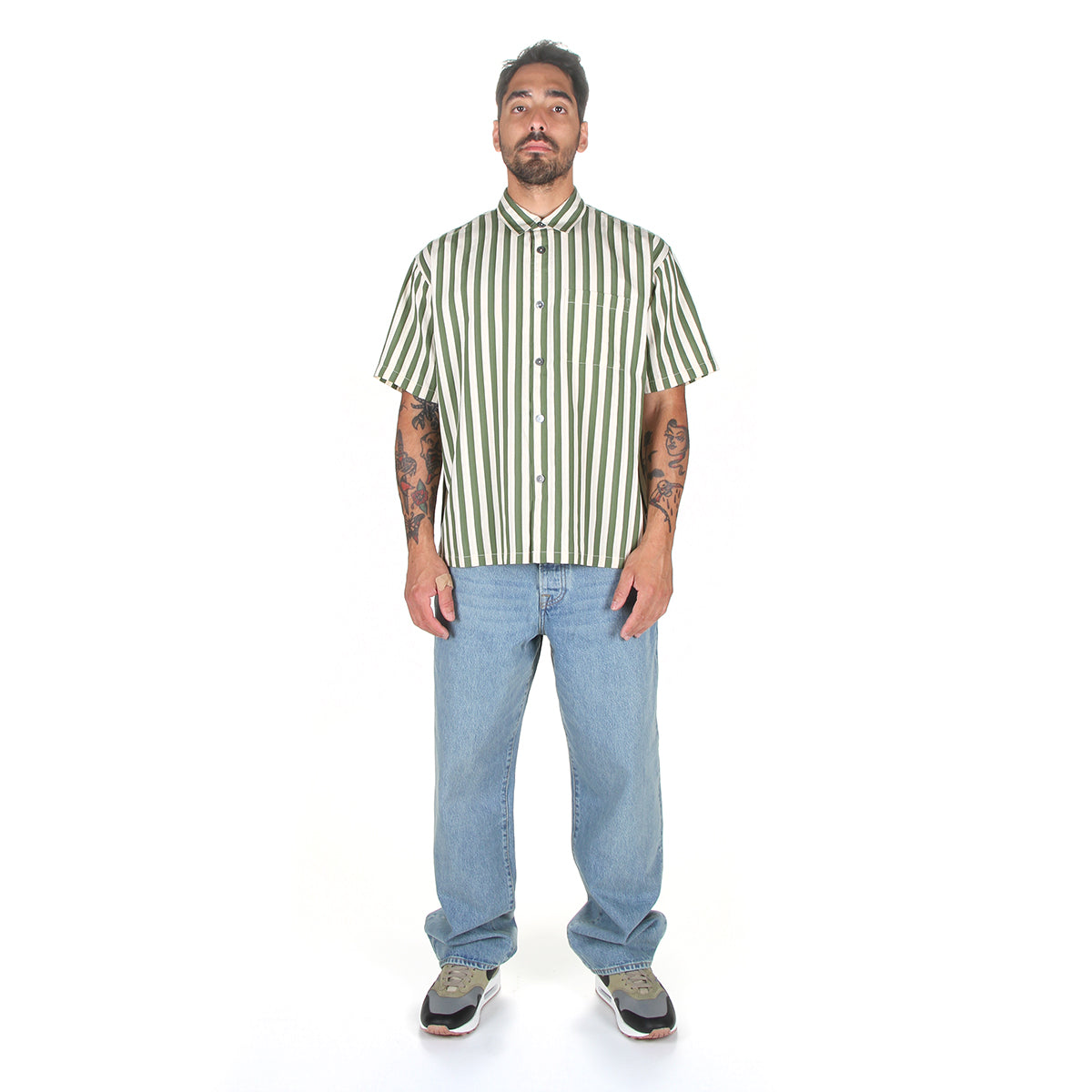 Stussy | Flat Bottom Striped Shirt Style # 1110325 Color : Green